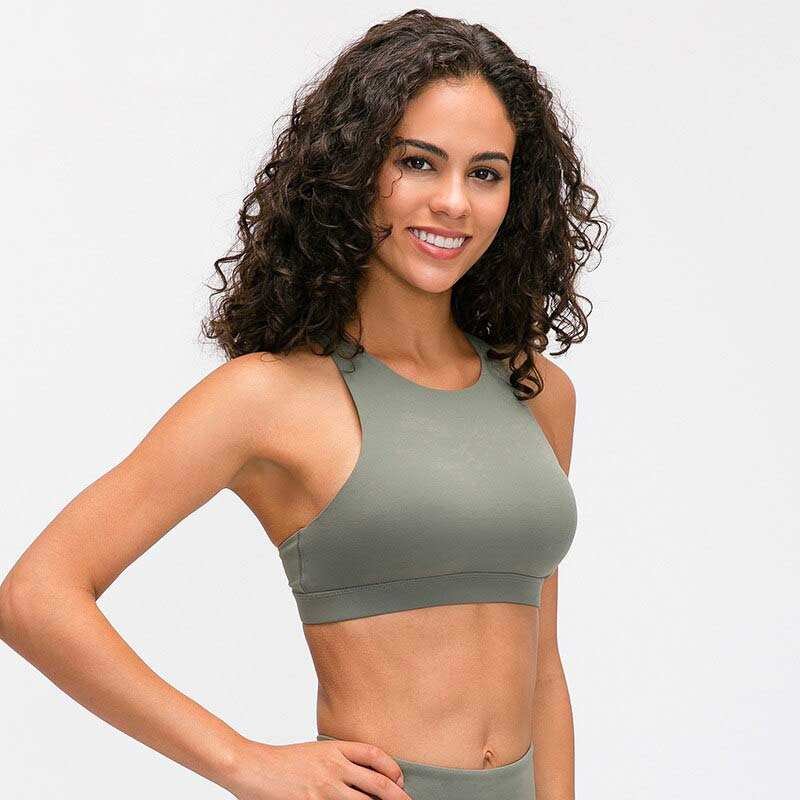 wysoki dekolt naga tkanina joga biustonosze Fitness Top kobiety krzyzowe sznurowania Push Up wyscielana Fitness trening sportowy biustonosz
