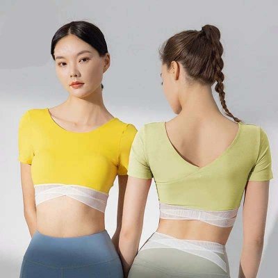 z krotkim rekawem Top sportowy kobiety joga koszulki miekkie oddychajace silownia bieganie trening krotki Top kobiece elastyczne koszulki do fitnessu